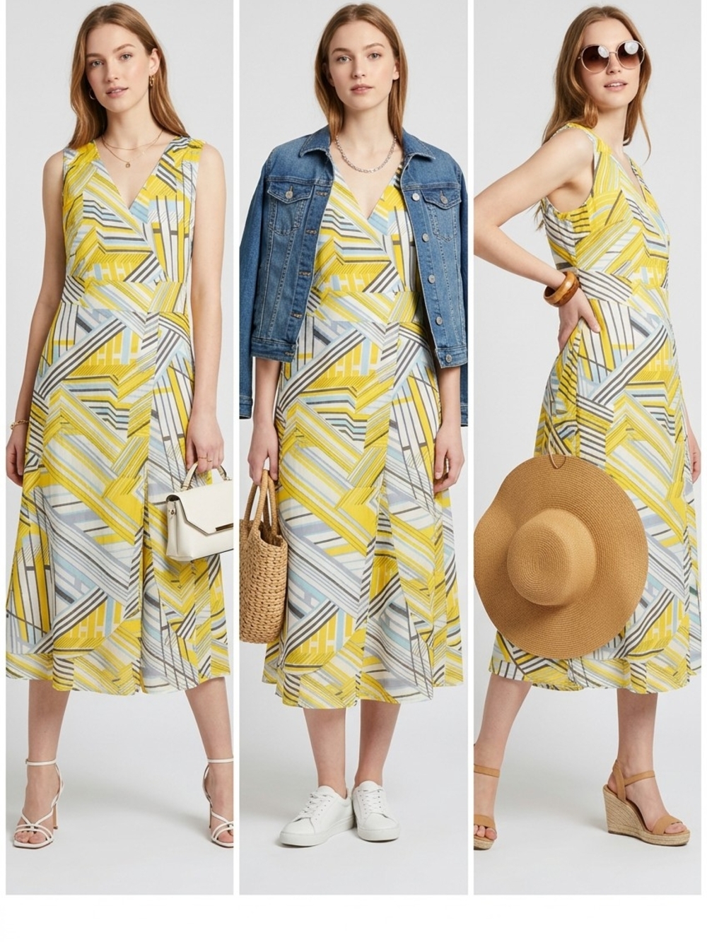Ashro Yellow Geometric V‑Neck Midi Dress